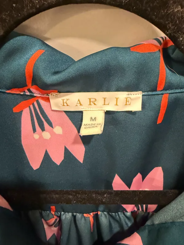 Karlie Poppy Floral Print Button Front Ruffle Detail Puff Sleeve Top Teal - Image 7