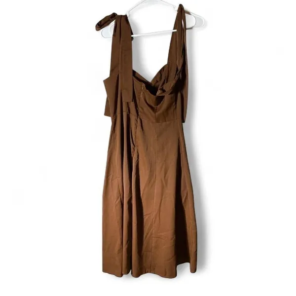 Rosedress Brown Tie Shoulder Sweetheart Midi Coquette Dress‎ with Slit Size S - Image 3