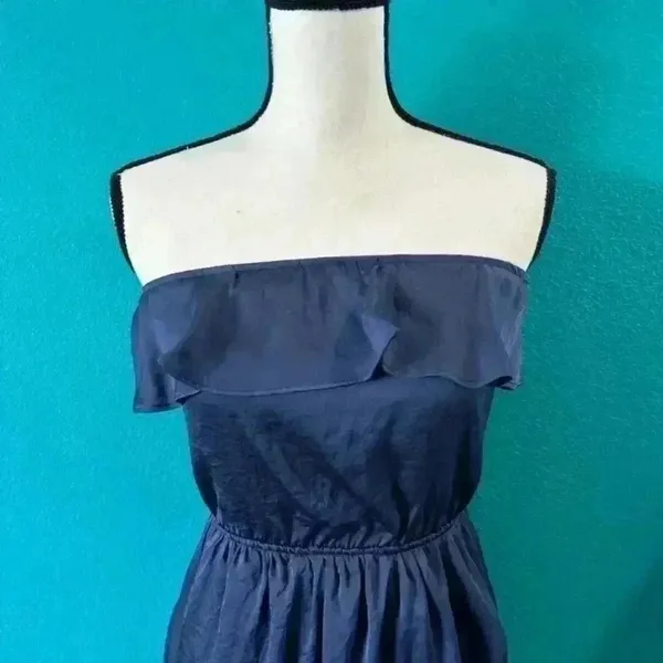 Lush Vintage dark blue satin looking strapless dress in size xs - Image 2
