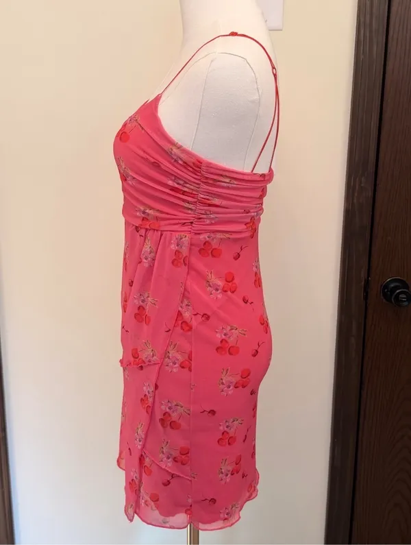 Urban Outfitters pink cherry pattern lace deep neckline slip dress - Image 7