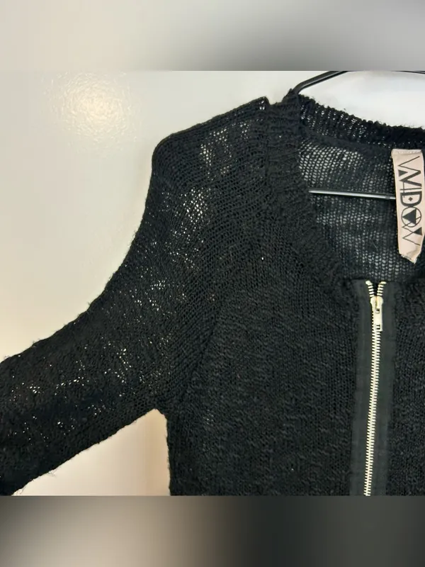 Widow Black Open Knit Long Sleeve Zipper Front Long Sweater Size XS Dollskill - Image 3