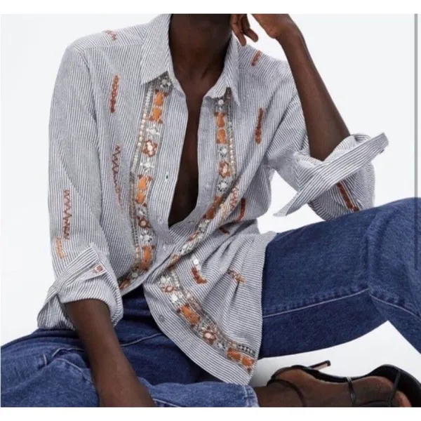 NWT Zara Collection Button down Shirt S Striped Embroidered Embellished cotton - Image 14