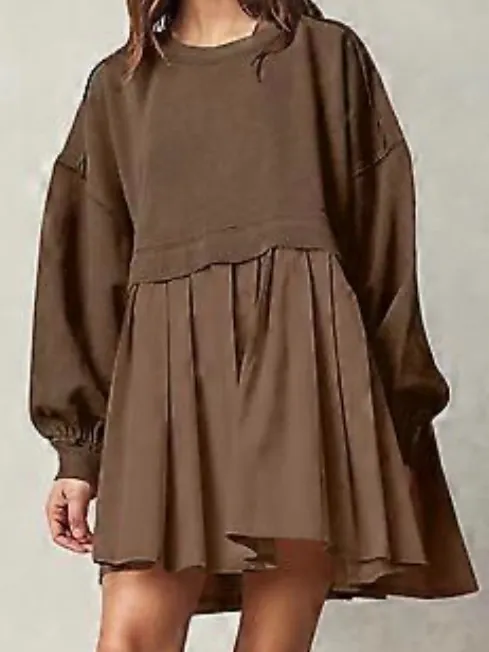 Women Oversized Sweatshirt Dress Patchwork Crewneck Long Sleeve Pullover Size M - Image 2