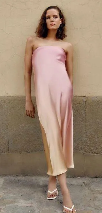 Zara midi dress maxi tie die pink beige satin strapless wedding shower date - Image 4