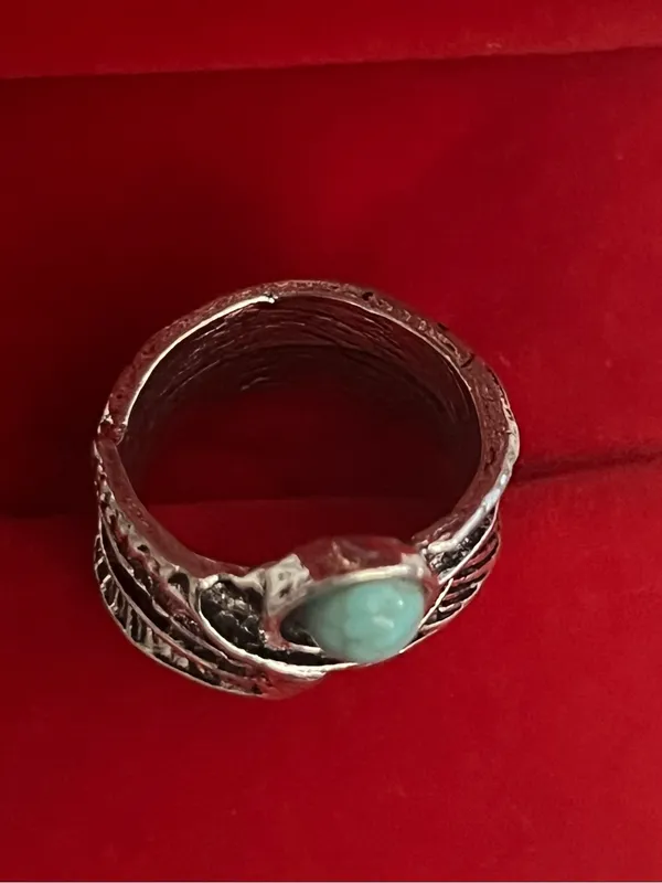 Boho/Vintage Design Stainless Steel Silver Faux Turquoise Wide Band Size 7 NWT - Image 3
