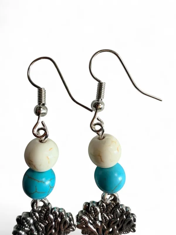 Handmade Tree of Life Dangle Earrings - White & Turquoise Bead - Image 5