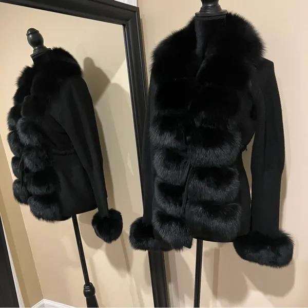 Real fox fur cardigan genuine fur collar trench coat parka jacket wool cape blazer - Image 8
