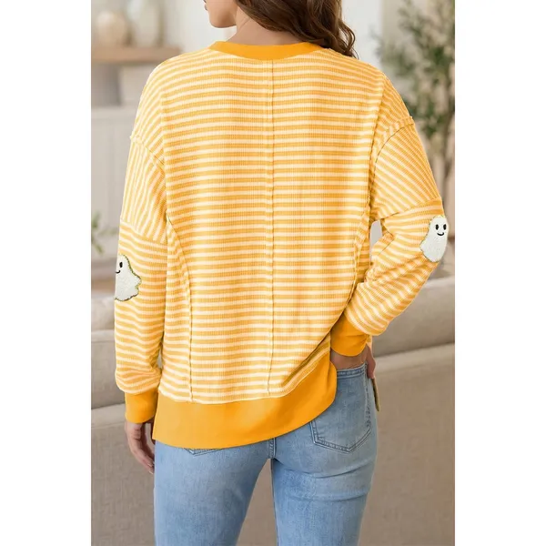 Stripe Halloween Ghost Patch Round Neck Long Sleeve Top - Image 2