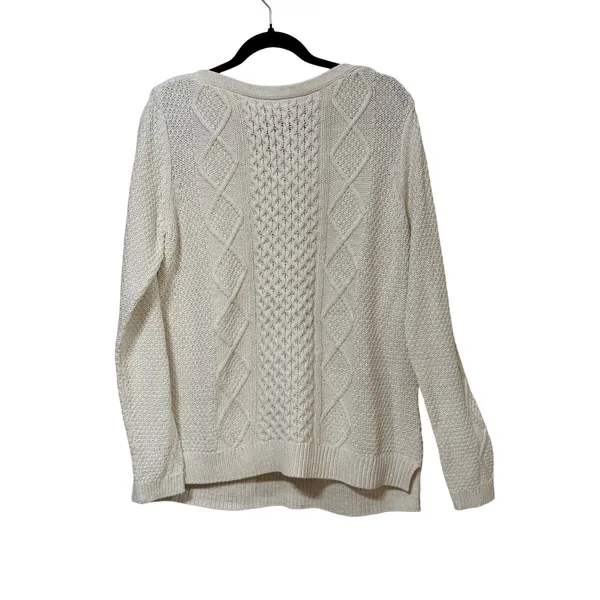 Lands End Womens Cream Metallic Cable Knit Boat Neck Shoulder Button Sweater L - Image 2