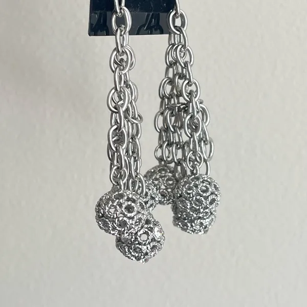 Dangle Earrings Silver Tone Chains Openwork Filigree Balls Fashion Jewelry 3.5in - Image 7