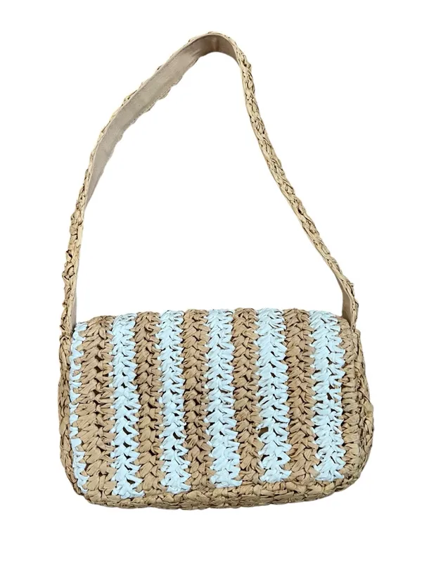 Anthropologie Woven Straw Striped Shoulder Bag Coastal White Tan Small - Image 2