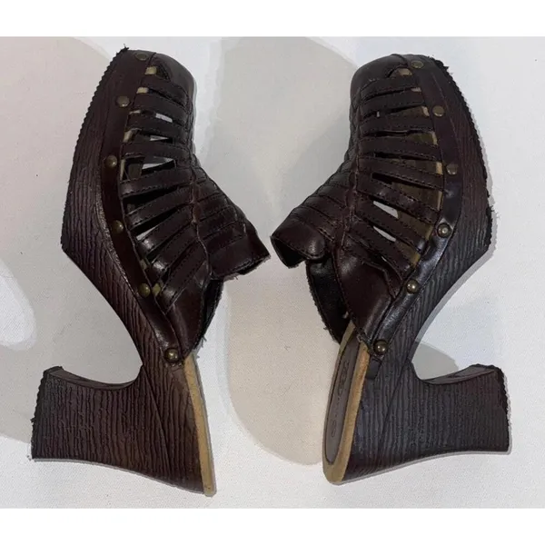 Route 66 Y2K 2000s‎ Platform Chunky Brown Faux Leather Strappy Heel Mules Clogs - Image 2