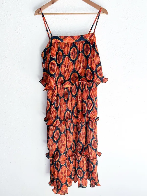 Never Fully Dressed Geometric Tiered Frill Midaxi Dress 10 Orange Transitional - Image 3