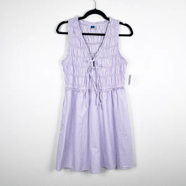 Old Navy Womens‎ Fit & Flare Smocked Bodice Mini Dress Purple Striped M NWT - Image 2