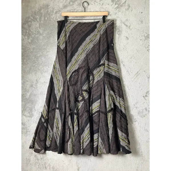 Vintage Y2K Brown Olive Striped Patchwork Maxi Skirt Asymmetrical Boho Artsy - Image 3