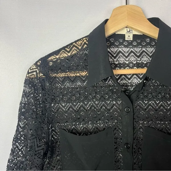 Ya Los Angeles Black Lace Chiffon Long Sleeve Button‎ Down M - Image 3