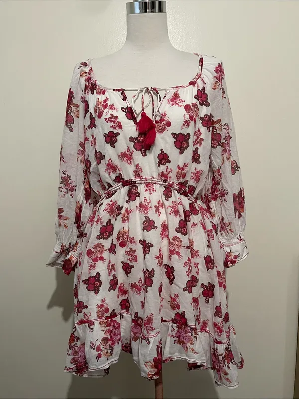 Free People White floral babydoll ruffle dress with Pink Floral Neckline - Image 2