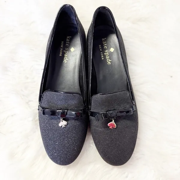 Kate Spade New York Black Glitter Loafers Flats Bow Charm Size 5.5B - Image 3