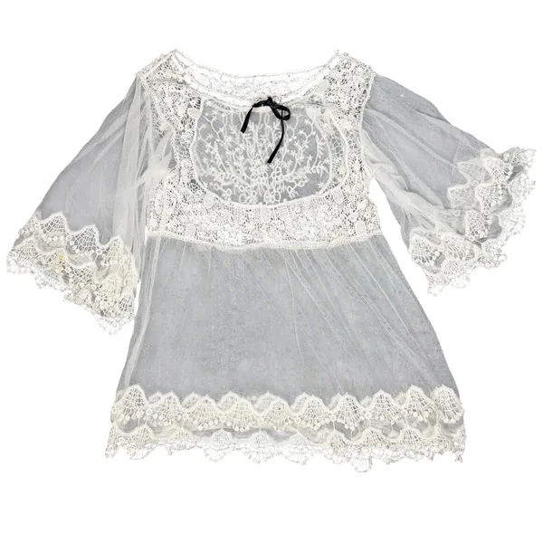 White Sheer Lace Tunic Womens M Mesh Crochet Bell Sleeve Fairycore - Image 8