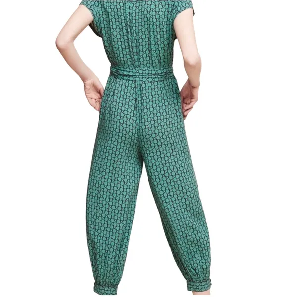 Maeve Anthropologie Jumpsuit Size XS Green Floral Geo‎ Belted Rayon Boho Cropped - Image 14