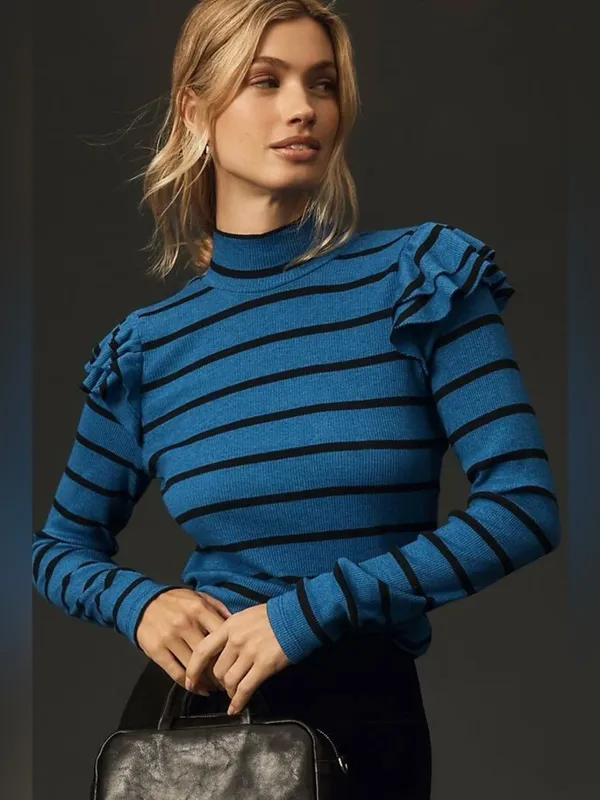 NWT Anthropologie T. La Ruffled turtleneck Top blue black minimalist fall chic M - Image 2