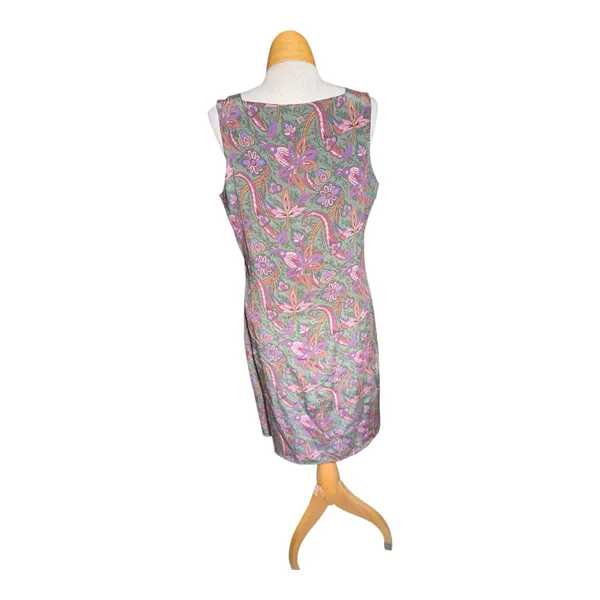 Vtg 1990s Casual Corner Green Pink Paisley 100% Silk Knee Length Sheath Dress 12 - Image 3