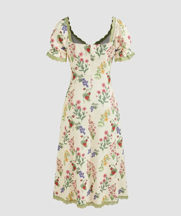 Cider SQUARE NECK STRAWBERRY GRAPHIC CONTRASTING LACE TRIM MIDI DRESS - Image 4