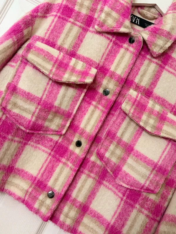 Zara Cropped Plaid Shacket Jacket Pink Cream Fuzzy Cozy Preppy Fall Size S - Image 6