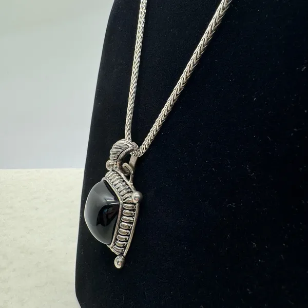 Vintage Premier Designs Silver Tone Black Stone Pendant Chain Necklace Stamped - Image 2