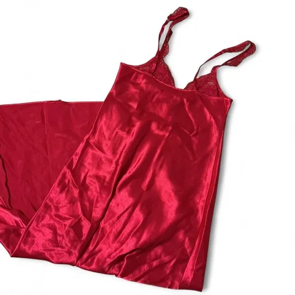 Victoria's Secret Lace Trim Satin Nightgown Women S Red Maxi Slip Dress Lingerie - Image 3