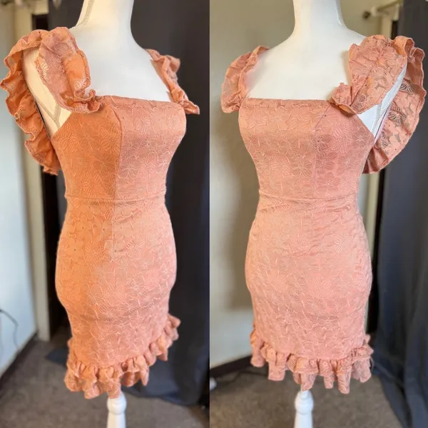 Hello Molly Lace Mini Dress Womens Size 4 Peach Coral Ruffle Off Shoulder Floral - Image 10