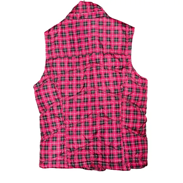 Aeropostale‎ Puffer Vest Women Small Pink Black Plaid Zip Snap Fleece Lined - Image 2