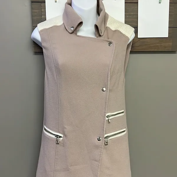 Wilfred Mauve Cream Sleeveless Classic Snap Up Zipper Accents Tunic Vest- XXS - Image 4