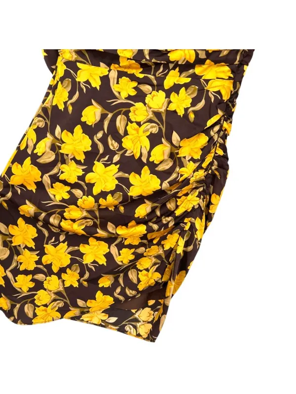 Floret Cottagecore Dark Floral Ruched Square Neck Dress Yellow Brown XS NWOT - Image 8