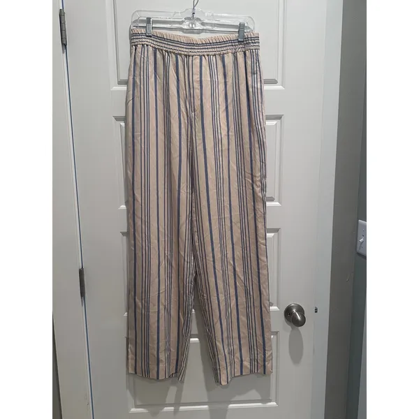 Zara Beige Blue Striped High Waist Pull on Trouser‎ Pants Size Medium - Image 3