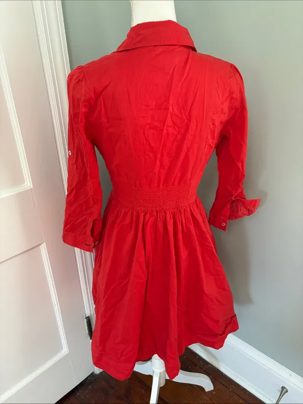 Moulinette Soeurs Vibrant Red Button-Front Midi Shirt Dress Tab Sleeves‎ Size 2 - Image 5