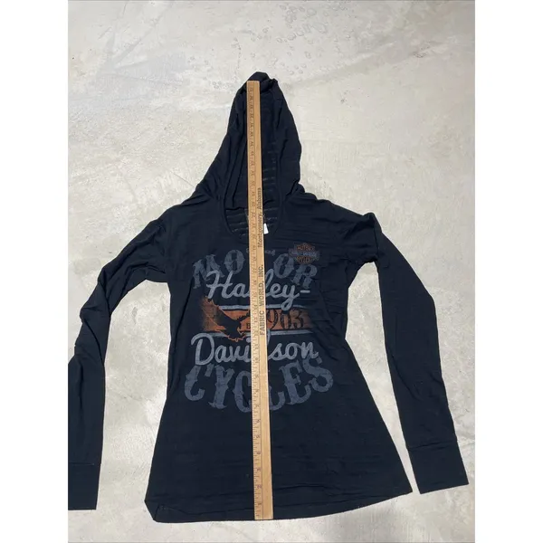 Harley Davidson Black Long Sleeve Top w/ Hoodie Pelham AL SZ L Motorcycle - Image 7