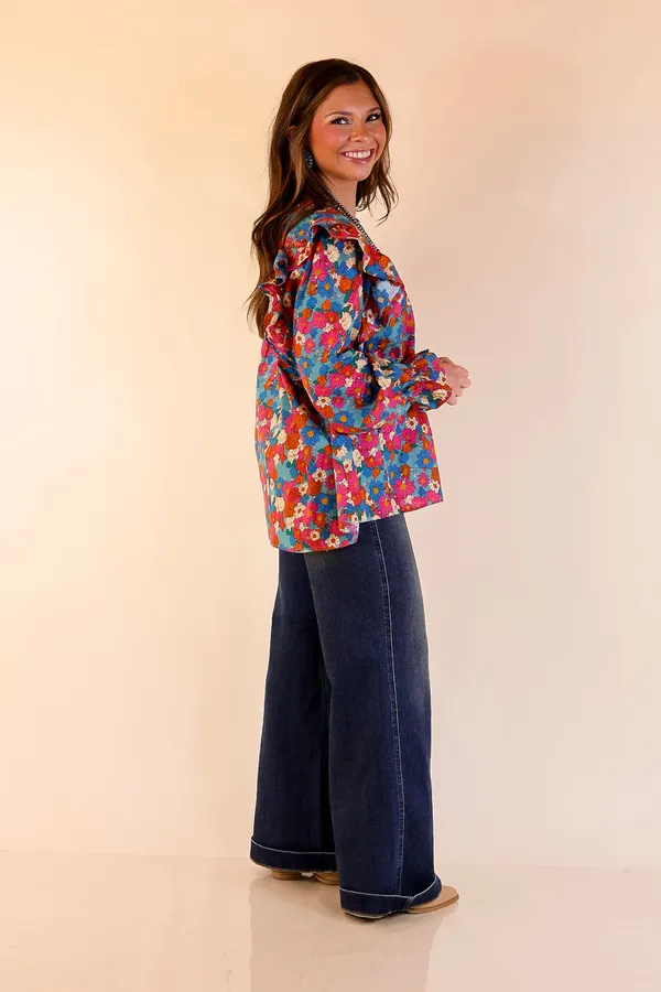 Entro Floral Detail Long Sleeve V-Neck Ruffle Detail Blouse Blue Multi - Image 3