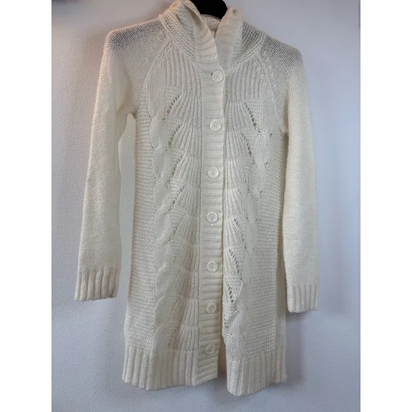 Old‎ Navy Ivory Longline Hooded Cardigan Sweater Cable Knit Button Front M Ivory - Image 2
