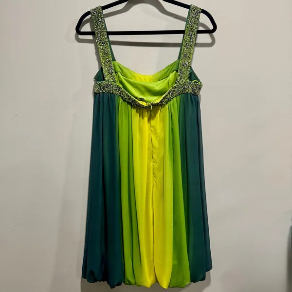 Morrell Maxie Y2K Silk Ombre Bubble Hem Beaded Dress Green Yellow Size 8 - Image 4