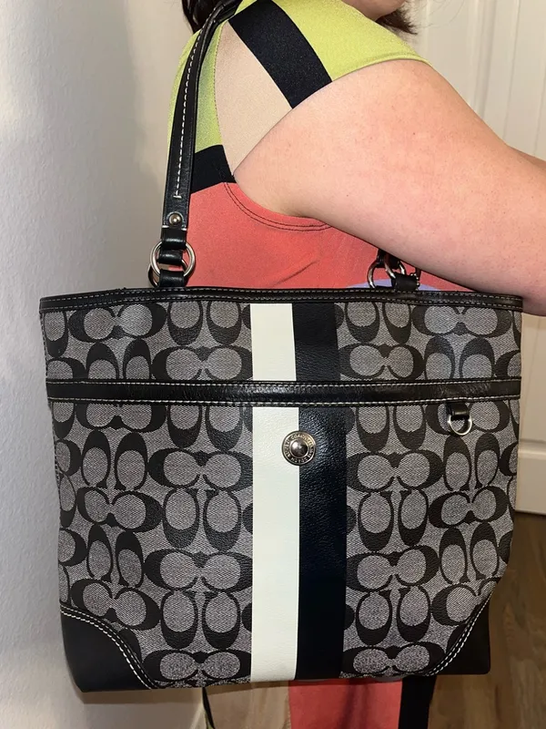 Coach Signature Stripe Tote Black Gray Canvas Leather Shoulder Bag - Image 5