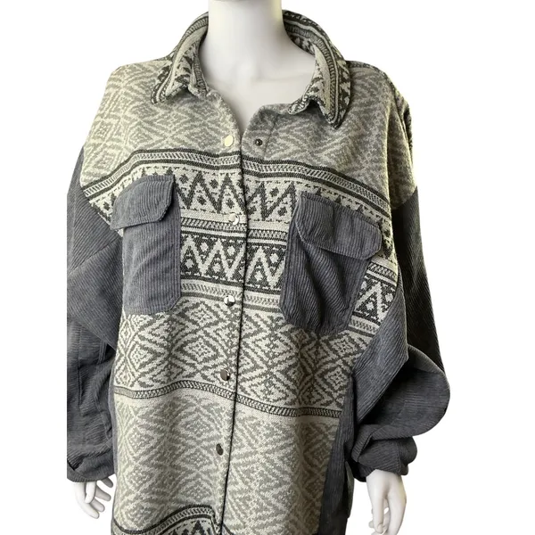 Davi‎ & Dani Womens 1XL Grey Aztec Corduroy Mixed Media Oversized Shacket Jacket - Image 7