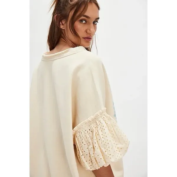 NWT!!‎ FREE PEOPLE Doily Sweatshirt Heart Ivory Blue Eyelet Lace Bohemian Small - Image 8