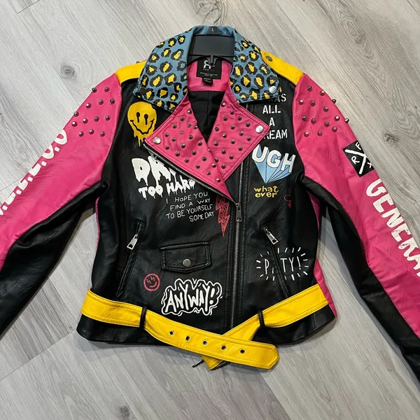Colorful‎ Studded Leather Jacket Pink Size L - Image 2