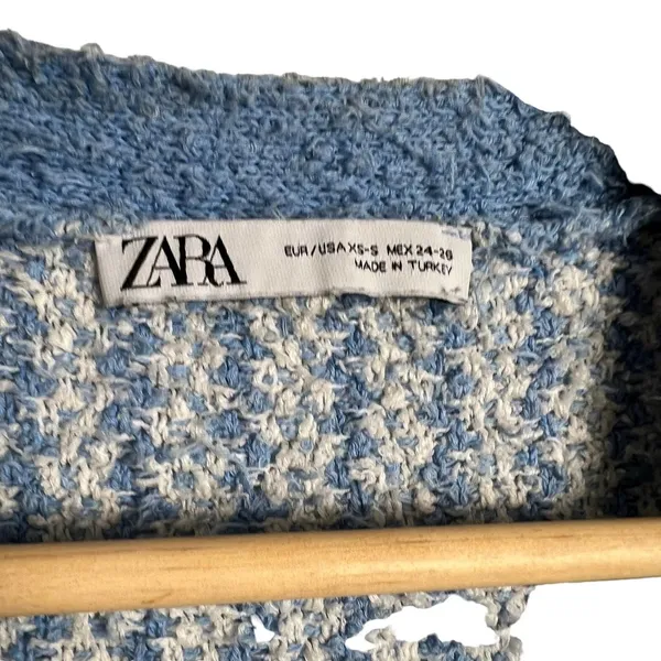 ZARA Blue Chunky Oversized Tweed Striped Button Cardigan Sweater Size S - Image 5