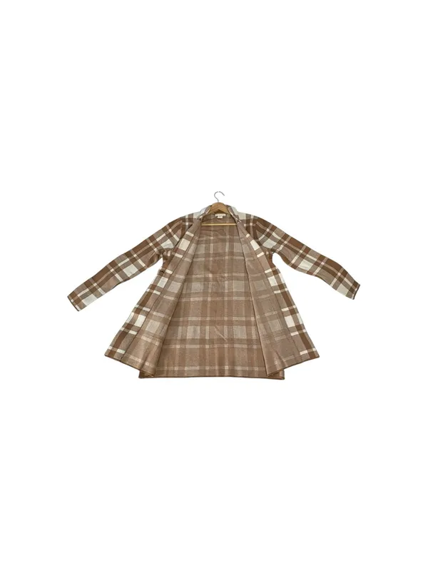 Christian Siriano Women L Plaid Knit Blazer Tan Cream Longline Preppy Office - Image 8