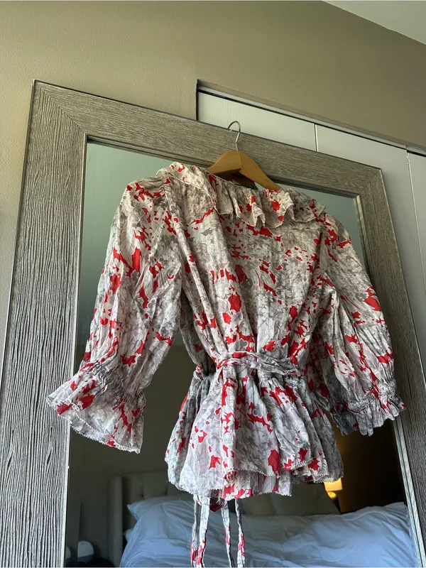 Polo Ralph Lauren Orange And Ivory Floral Ruffle Wrap Blouse Size Small - Image 3