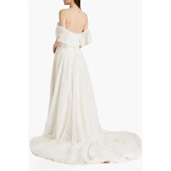 Theia Imelda off-the-shoulder embellished Chantilly Ivory lace bridal gown sz O - Image 2