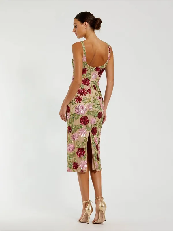 Mac Duggal 6124 Beige Floral Beaded Scoop Neck Midi Dress sz 4 - Image 3