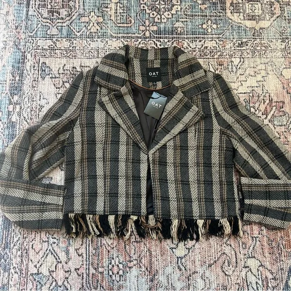 OAT NEW YORK NWT Plaid Fringe Blazer Tweed Cropped Jacket Size Large - Image 6